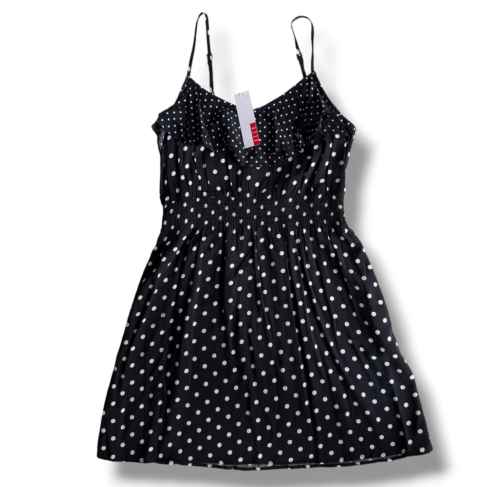 Elle Sz. M Black White Polka Dot Ruffle Smock Waist Must Have Mini Dress EL22905